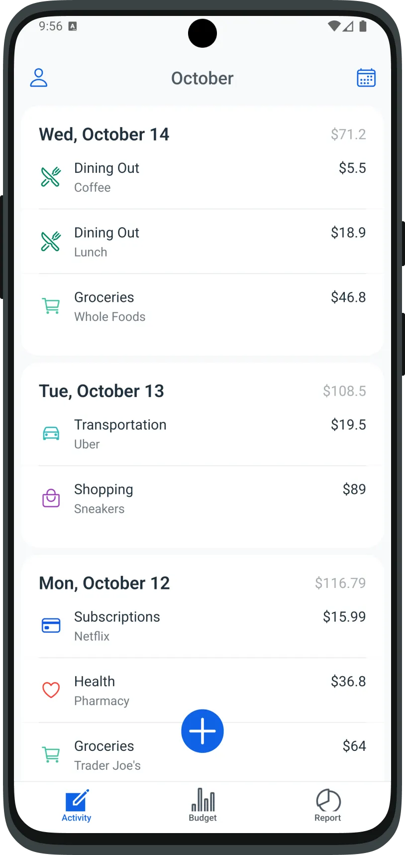 illion activity screen with recent expenses and daily totals